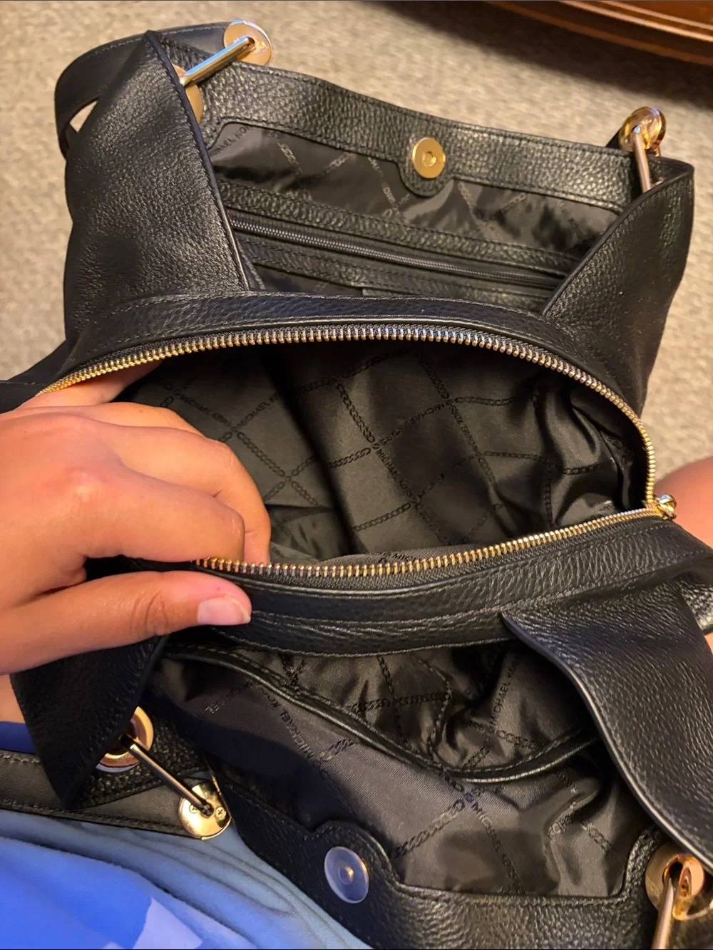 Michael Kors Black Leather Shoulder Tote with Gold Hardware